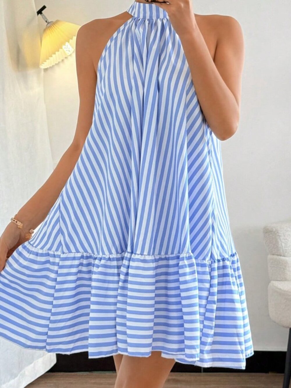 Blue And White Elegant Women's Halter Neck Frill Trim Striped Vacation Dress